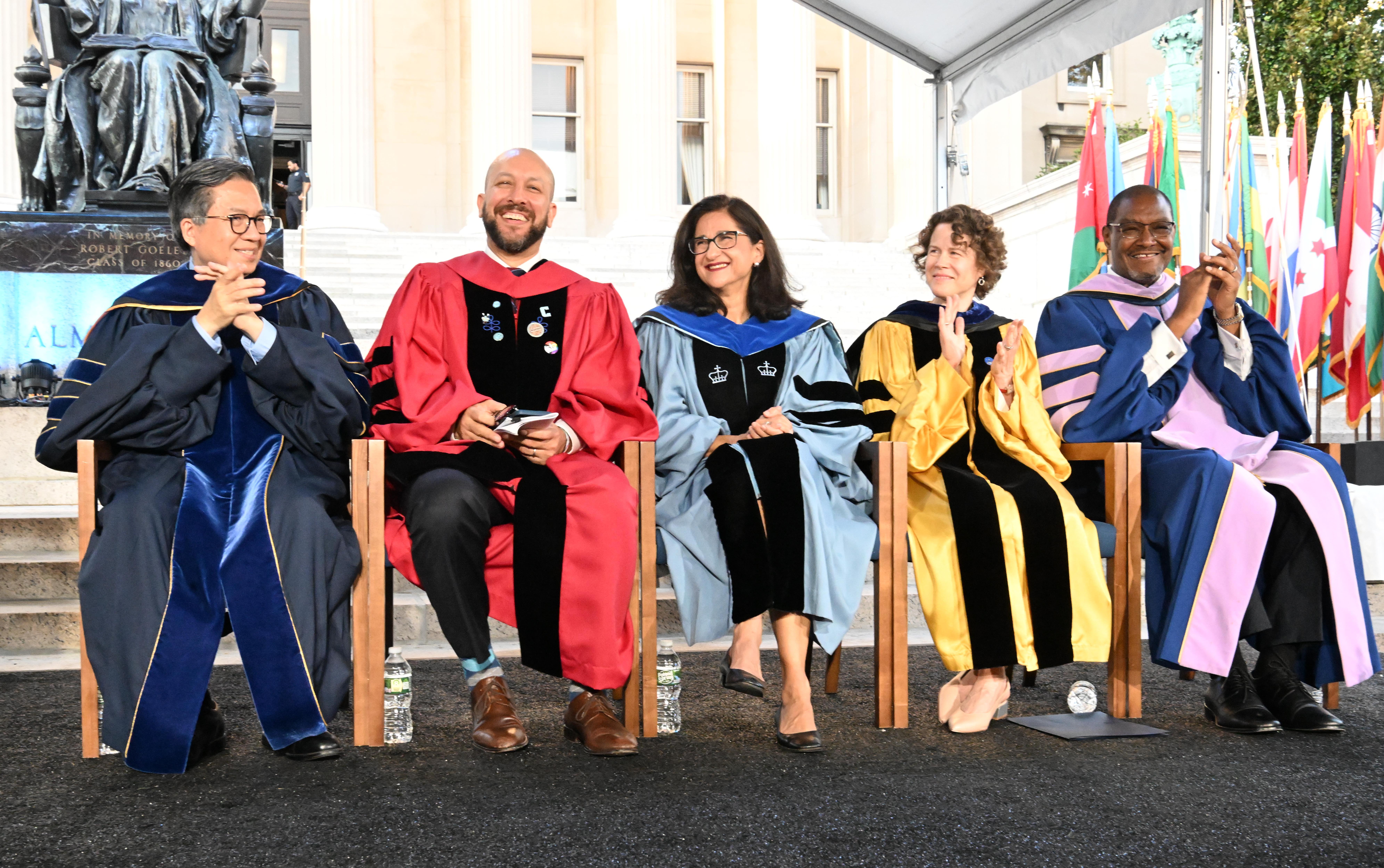 . On the podium (left to right): Engineering Dean Shih-Fu Chang, College Dean Josef Sorett, President Minouche Shafik, Executive Vice President and Dean of the Faculty of Arts and Sciences Amy Hungerford and interim University Provost Dennis A. Mitchell.