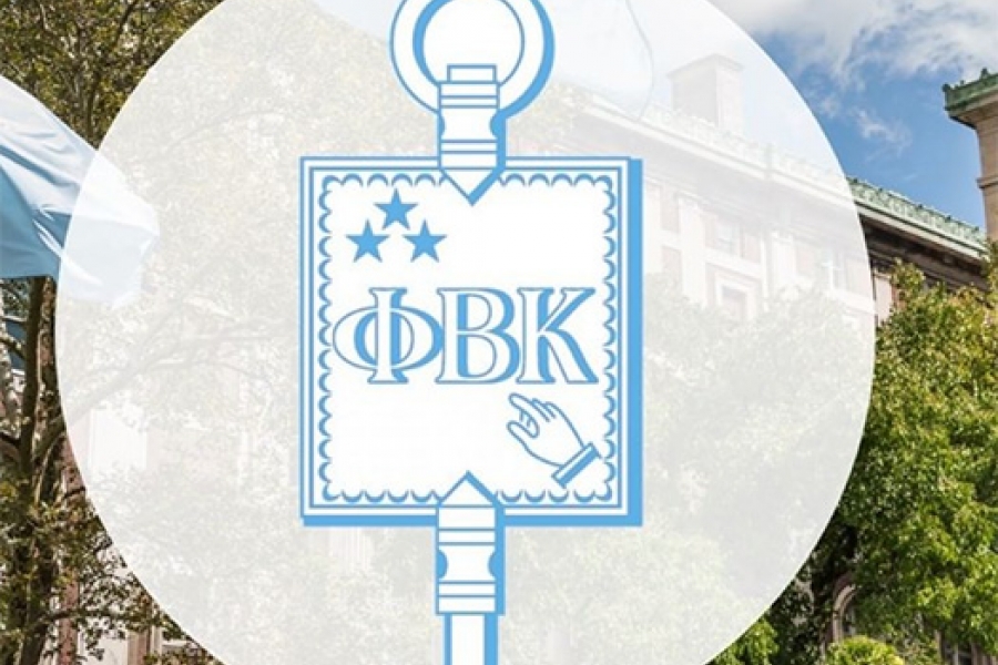 Phi Beta Kappa key graphic imposed over a photo trees and Hamilton Hall in the background.