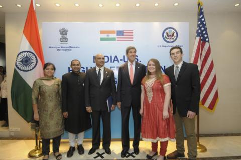 Ben Harris ’14 (right) met Secretary of State John Kerry at the U.S.-India higher education summit in June 2013. Photo: U.S. Embassy New Delhi