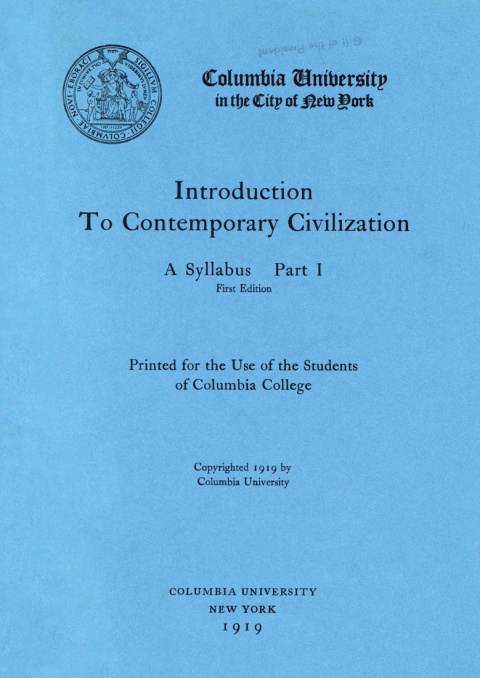 Cover of the Introduction to Contemporary Civilization Syllabus Part I, circa 1919.