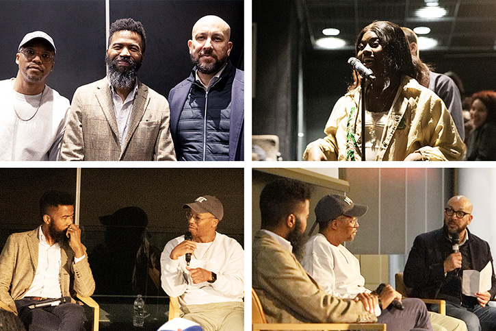 Lupe Fiasco, Joshua Bennett, and Dean Josef Sorett pose at a special installment of Sorett's “Hip Hop at 50: Music, Politics, Religion” class.