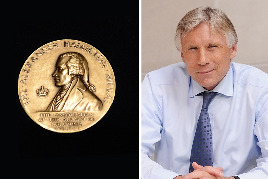 Left: Alexander Hamilton Medal; Right: Lee C. Bollinger, President Emeritus of Columbia University